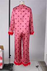 Polka Dot Satin Feather Cuff Shirt And Long Trousers Set