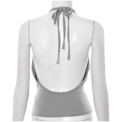 Grey Buttoned Beaded Cowl Deep Neck Tie Up Backless Top