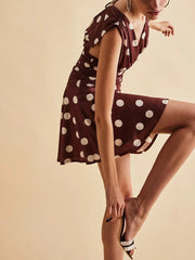 Polka Dot Ruched Deep V Neck Mini Dress
