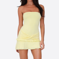 Yellow Frills Knotted Strapless Mini Dress