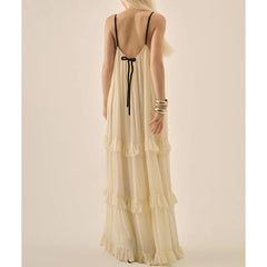 3D Floral Spaghett Strap Tiered Ruffle Maxi Dress