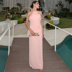 Pink Halter 3D Flower Ruffle Maxi Dress