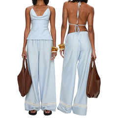 Blue Stripe Print Halter Cowl Neck Top And Pants Set