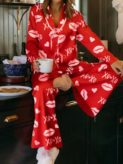 Long Sleeve Heart Lip Print Shirt and Pants Sleepwear Set
