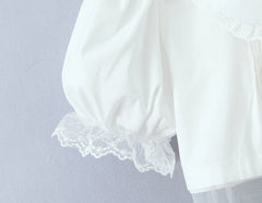 White Lace Hem Puff Sleeve Peter Pan Collar Crop Top