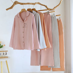 Embroidery Cotton Long-sleeved Shirt And Pants Two Piece Loungewear Set