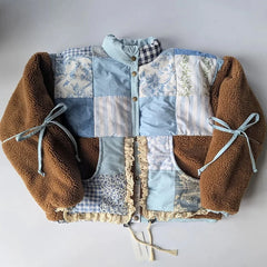 Patchwork Floral Gingham Print Bow Decor Fleece Jacket