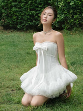 Strapless Bow Ruched Frill Lace Mini Dress