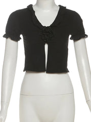 Black Mesh Frill 3d Flower Crop Top And Mini Skirt Set