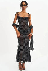 Black Polka Dot Sweetheart Neck Spaghetti Strap Scarf Maxi Dress