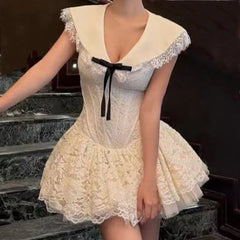 Lace Bow Lapel Collar Sleeveless Dress
