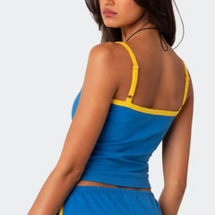 Model displaying a short country flag graphic tank top with England