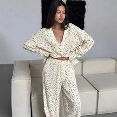 Yellow Printed Long Sleeved Buttoned Shirt And Pants Pajama Set