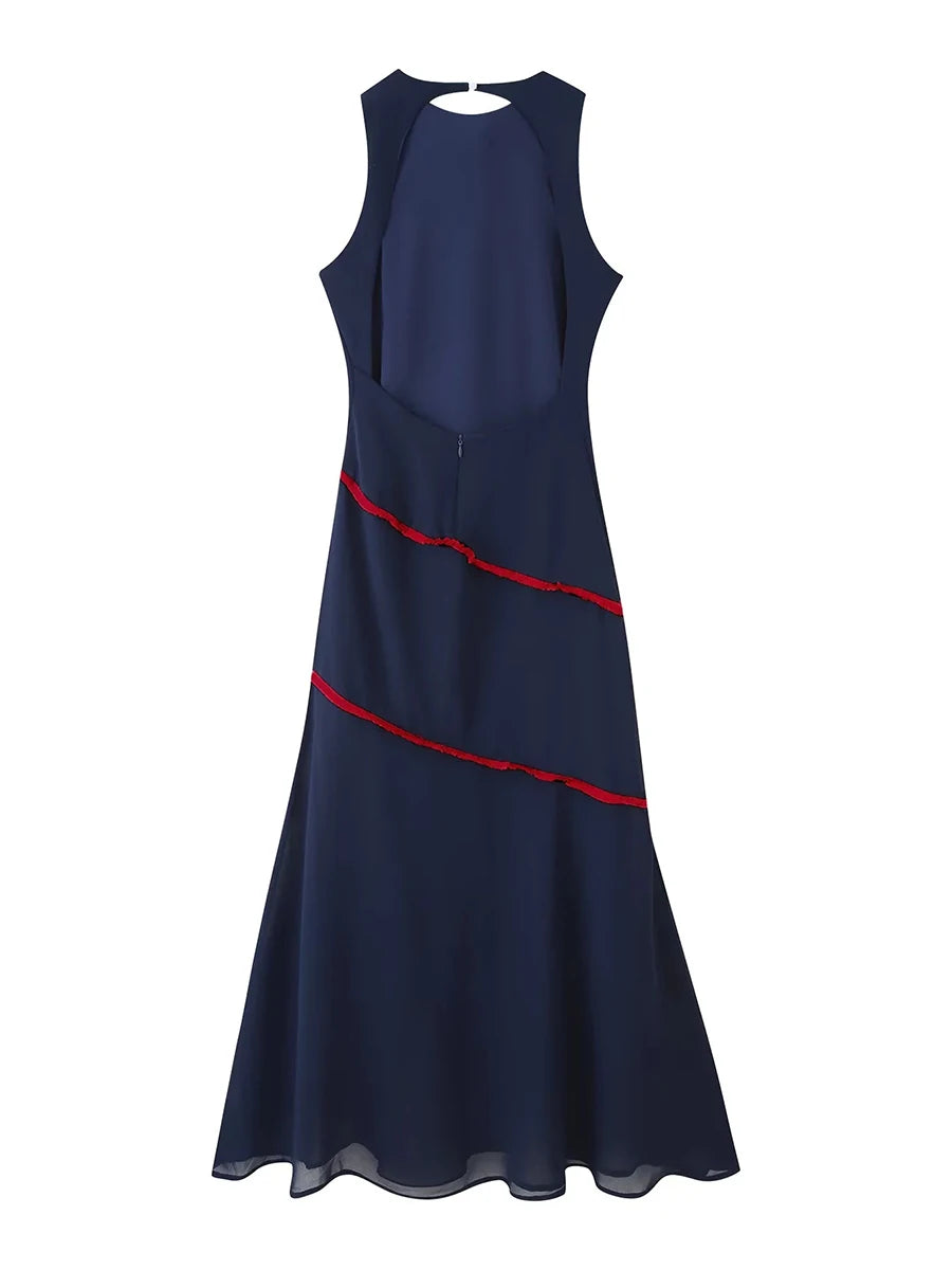 Navy blue dress with red accents - open back
