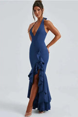 Deep V-neck Ruffles High Split Maxi Dress