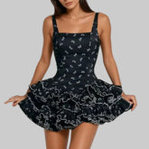 Black Square Neck Bow Printed Frill Bloomer Mini Dress