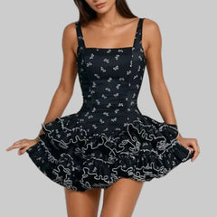 Black Square Neck Bow Printed Frill Bloomer Mini Dress
