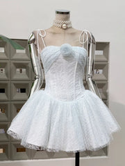 Tie Up Strap 3D Flower Embellished Tulle Mini Dress