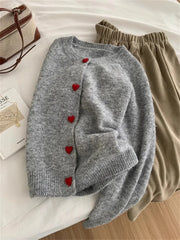 Deep Grey Wool Knitted Heart Buttoned Cardigan
