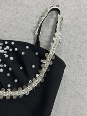 Spaghetti Strap Front Cut Out Diamond Beading Midi Bandage Dress