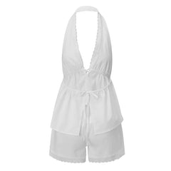 Halter Button Sleeveless Top And Shorts Set