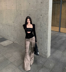 Black Long Sleeve Cut Out Drape Halter Top - Y2K Skinny Fit