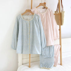 Cotton O-neck Long-sleeved Printed Button Shirt And Pants Pajama Set