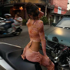 Sheer Printed V Neck Long Sleeve T-shirt And Trouser Matching Set