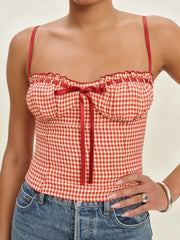 Ribbion Strap Gingham Crop Top