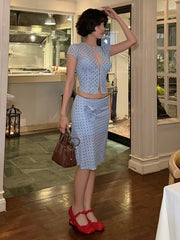 Blue Polka Dot Sheer Short Sleeve Top And Midi Skirt Set