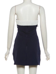 Blue Striped Ruched Bust Strapless Mini Dress