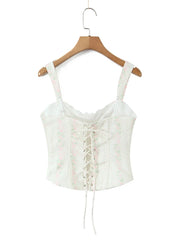 White Floral Lace Up Strap Corset Top