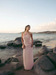 Pink Halter 3D Flower Ruffle Maxi Dress