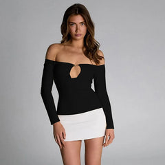 Off Shoulder Long Sleeve Two Tone Mini Dress