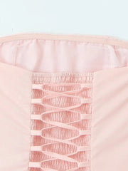 Strapless Lace Up Flare Pleated Midi Dress