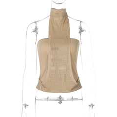 Black and Beige High Neck Sleeveless Sequin Tank Top - Backless Style