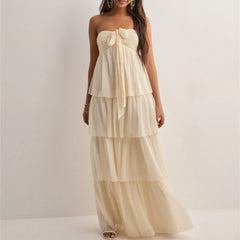 Strapless Tiered Hem Tube Tie Up Maxi Dress