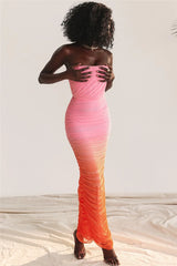 Pink Gradient Strapless Ruched Maxi Dress