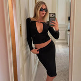 Black Front Cut-Out Long-Sleeve Crop Top And Midi Skirt Set