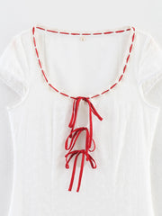 White Red Ribbon Short Sleeve Midi Dress
