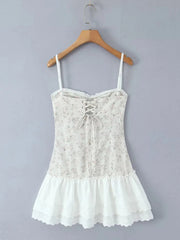 White Floral Print Cami Ruffled Lace Hem Mini Dress