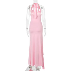 Halter Knot Waist Ruffle Hem Midi Dress