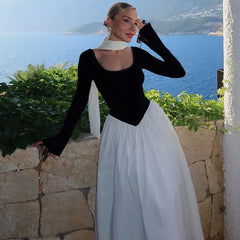 Long Sleeve Contrast Flare With Neck Scarf Maxi Dress