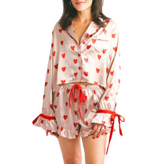 Satin Heart Print Ruffled Hem Pajama Loungewear Set