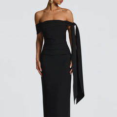 Slash Neck Off-Shoulder Ribbon Split Maxi Dress