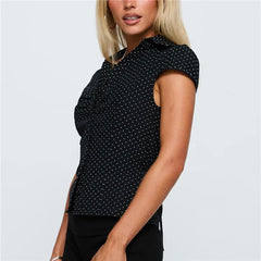 Collar Buttoned Polka Dot Print Puff Sleeve Top