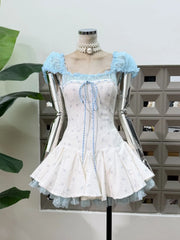 Square Collar Mesh Puff Short Sleeve Bow A-line Mini Dress