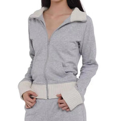 Rib Zipper Sweatshirt And Low Waist Pleated Mini Skirt Set