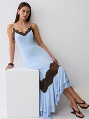 Lace Trim Ruffle Mermaid Hem Cami Midi Dress