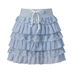 Drawstring Lace Trim Tiered Ruffle Mini Skirt